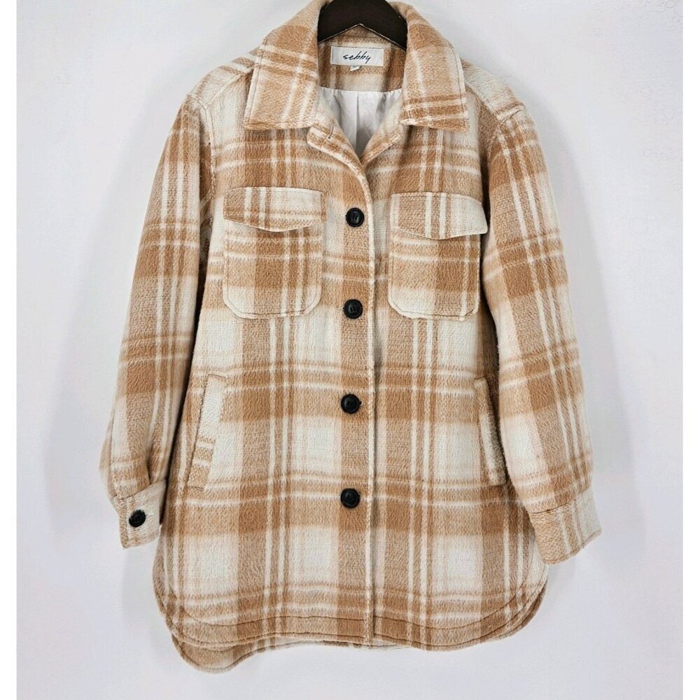 Sebby Soft Shacket Shirt Jacket Sz M White Beige Plaid Button Front Silky Lining